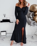 Women Fashion Sequined Party Maxi Dress  Off Shoulder Ruched Tight Dress Solid Party Robe Skinny Clubwear Dress Elegant