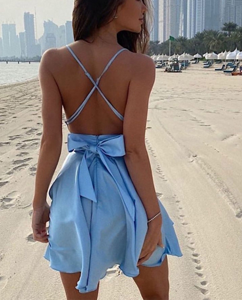 New  Backless Straps Mini Dress Women Fashion Elegant Solid Color Bow  Tie Up Beach Party Dress Slim Summer Sundress 202