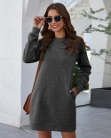 Womens Casual Comfy Hoodies Dress Loose Sportswear Warm Dressautumn Winter Solid Color Round Neck Long Sleeve Dress Wine