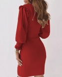 Womens Slim Party Dress Mini  Bodycon Pure Color Round Collar Long Ruffle Sleeves Slim  Dress Luxury Evening Dresses