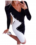 Women Fashion Irregular Buttons Patchwork Mini Dress Elong Sleeve Evening Party Dress V Neck Plain Elegant Casual  Dress