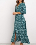 Spring Summer Women Elegant Floral Maxi Dress Vintage Chiffon Long Sleeves V Neck Ankle Length Dress Slim High Waist Ves