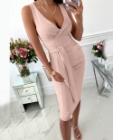 Women Elegant Off Shoulder Evening Party Dress Fashion  V Neck Wraped Hipped Dress With Slit Tied Bodycon Dresses