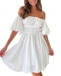 Womens Summer Fashion Puff Sleeve Off Shoulder Mini Dress Elegant White Ruffled A Line Wing Beach Dress Vacation Sundre