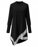 Women Elegant Shiny Mesh Sequined Dress Stitching Glamorous Black V Neck Mini Dress Long Sleeve Irregular Dress Asymmetr