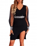 Womens Fashion Transparent Long Sleeve Sequined Party Dress Chic Ladies Elegant V Neck Diamond Belted Wrap Hip Dresses 