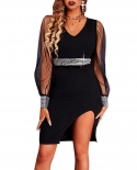 Womens Fashion Transparent Long Sleeve Sequined Party Dress Chic Ladies Elegant V Neck Diamond Belted Wrap Hip Dresses 