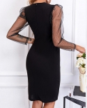  Elegant Mesh Sleeve Party Dress Womens Slim Fashion Solid Color Patchwork Wraped Hipped Tight Dress Evening Party  Dre