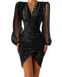 Women Elegant Chic Mesh Patchwork Deep V Neck Long Sleeves Glitter Mini Party  Bodycon Black Dresses Slim Irregular Plea