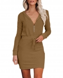 Women Fashion Half Zip Hoodie Long Sleeves Sports Dress Slim Solid Color Daily Casual Bag Hip  Dress Womens Autumn Dress