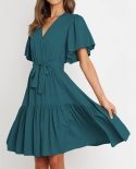 Fashion  Wrap V Neck Mini Dress Casual High Waist Lace Up Summer Dress Elegant Short Sleeves Ruffled Hem Party Dresses