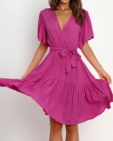 Fashion  Wrap V Neck Mini Dress Casual High Waist Lace Up Summer Dress Elegant Short Sleeves Ruffled Hem Party Dresses