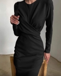 Womens Fashion Ruched Silm Party Dress Slim Costume Long Sleeve Party Dresses Evening Dress Crew Neck Party Dress Tunics
