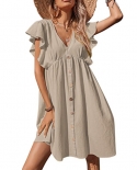 Mini vestido elegante de playa con manga de volantes para mujer, vestido holgado de Color sólido con botones de cintura alta y c