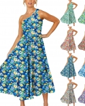 Womens Summer Floral Dress One Shoulder Sleeveless Knot Ruffled Hem Flowy Bohemian Maxi Dresses