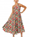 Womens Summer Floral Dress One Shoulder Sleeveless Knot Ruffled Hem Flowy Bohemian Maxi Dresses