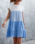 فستان نسائي صيفي فضفاض غير رسمي بدون أكمام مكشكش بياقة مستديرة فستان قصير بألوان متعددة