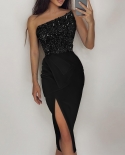 Summer Fashion  Sequined Bodycon Party Dress Ladies Elegant One Shoulder High Slit Ruffle Irregular Cocktail Party Dress