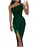 Summer Fashion  Sequined Bodycon Party Dress Ladies Elegant One Shoulder High Slit Ruffle Irregular Cocktail Party Dress