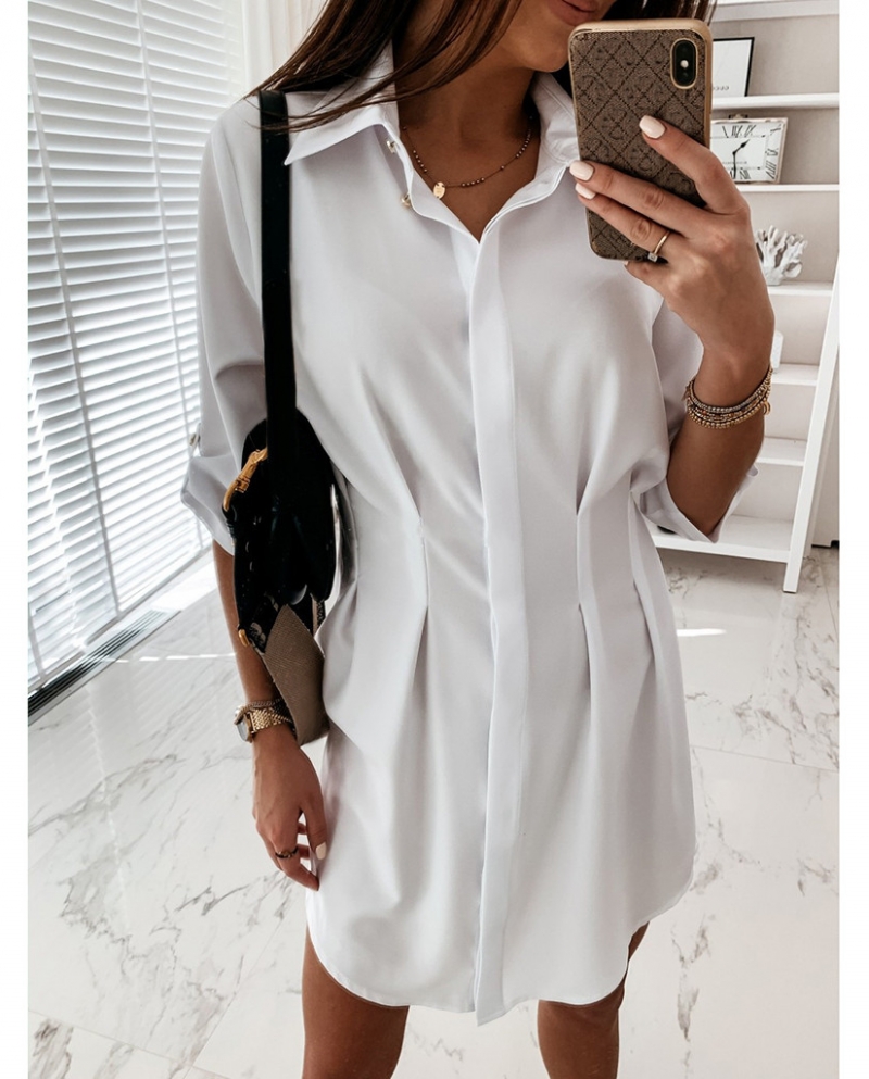 Vestido casual feminino verão 2022 vestido branco manga longa plissado camisa mini vestido feminino de lapela cor sólida
