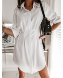 Vestido casual feminino verão 2022 vestido branco manga longa plissado camisa mini vestido feminino de lapela cor sólida