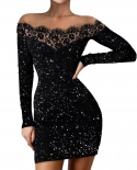 Y2k  Lace Slash Neck Contrast Mesh Bodycon Dress Slim Empire Waist Long Sleeve Party Mini Dress Tunic Evening Vestidos