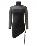 Y2k  Turtleneck Contrast Mesh Bodycon Dress Slim Empire Waist Long Sleeve Solid Party Mini Dress Slits Evening Vestidos