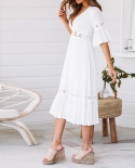 Elegant Hollow Out White Dress Women Summer  Deep V Neck A Line Party Long Dress Lady Casual Bohemian Holiday Beach Dres