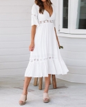 Elegant Hollow Out White Dress Women Summer  Deep V Neck A Line Party Long Dress Lady Casual Bohemian Holiday Beach Dres