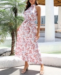 Womens Summer Elegant Floral Maxi Sun Dress Slim Sleeveless Halter Neck Flowy Ruffle Hem Long Boho Dresses With Belt 20