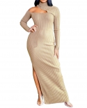Ladies  Open Show Knitted Slit Sweater Dress Elegant Turtleneck Hollow Out Strip Solid Color Party Long Dress Congo Dres