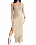 Ladies  Open Show Knitted Slit Sweater Dress Elegant Turtleneck Hollow Out Strip Solid Color Party Long Dress Congo Dres