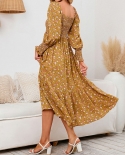 Ladies  Autumn Winter Casual Small Floral Dress Vintage Chiffon Flower Long Sleeve Holiday Dress Long Sleeve Fall Dresse