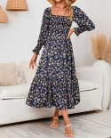 Ladies  Autumn Winter Casual Small Floral Dress Vintage Chiffon Flower Long Sleeve Holiday Dress Long Sleeve Fall Dresse