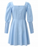 Chic Ladies Square Neck Dress Fashion Puff Sleeve Blue High Waist  Party Dress Slim Pleated A Line Cluub Evening Dress