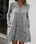 2022 Women Casual Fashion Solid Color Cardigan Mini Dress Soft Comfortable Pockets Long Sleeve Top Blouse Dress