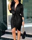 Womens Summer Shirt Bodycon Dress Fashion V Neck Solid Long Sleeves Lace Up Casual Slim Mid Dress Office Lady Elegent Dr