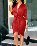Womens Summer Shirt Bodycon Dress Fashion V Neck Solid Long Sleeves Lace Up Casual Slim Mid Dress Office Lady Elegent Dr