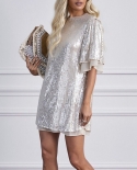 Fashion Sequined Loose Party Dress Women Elegant  Glitter Round Neck Short Sleeve Mini Dress Evening Dress 2022 Vestidos