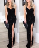  V Neck Club Party Dress Sleeveless Long Sequin Dress Women High Slit Spaghetti Strap Dresses Maxi Black Sequined Vestid