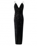  V Neck Club Party Dress Sleeveless Long Sequin Dress Women High Slit Spaghetti Strap Dresses Maxi Black Sequined Vestid