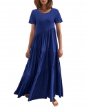 Womens Summer Casual Solid Color Tiered Maxi Dress Loose Short Sleeve Bohemian Beach Dress Comfortable Breathable Party 
