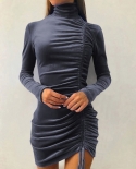 Women Fashion Casual Dress Drawstring High Neck Dress Long Sleeve Tight Fitting Hip Dress Studio Apparel Dress