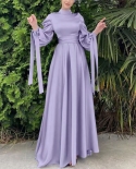 Womens Fashion Solid Muslim Dress Eleagnt Slim Lantern Sleeve Abaya Islamic Arab Kaftan Dress High Waist Bandage Party D