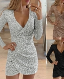Fashion  Long Sleeved Sequined Party Dress Deep V Neck White Glitter Bodycon Dress Slim Elegant Dresses Ladies Party Rob