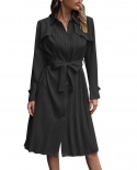 Fashion Casual Slim Fit Pleated Office Commuter Black Shirt Midi Dress Elegant Solid Color Long Sleeve Business Dress 20