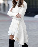 Women  Knitted Sweater Dress Autumn Elegant Long Sleeve Asymmetrical Hem Knitwear White Dresses Female Turtleneck Mini D