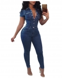 Womens  Slim Jeans Jumpsuits Fashion V Neck Button Design Office Jumpsuits Short Sleeve Casual Denim Jumpsuit Work Play