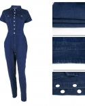 Womens  Slim Jeans Jumpsuits Fashion V Neck Button Design Office Jumpsuits Short Sleeve Casual Denim Jumpsuit Work Play