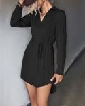 Casual Women Solid Color Drawstring Waist Shirt Dress Femme Slim Daily Workout Place Design Robe Office Outfits Simple D